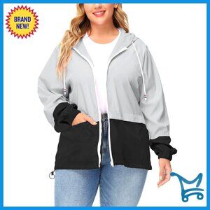 Plus Size Waterproof Rain Jacket Packable Hooded Windbreaker Outdoor
